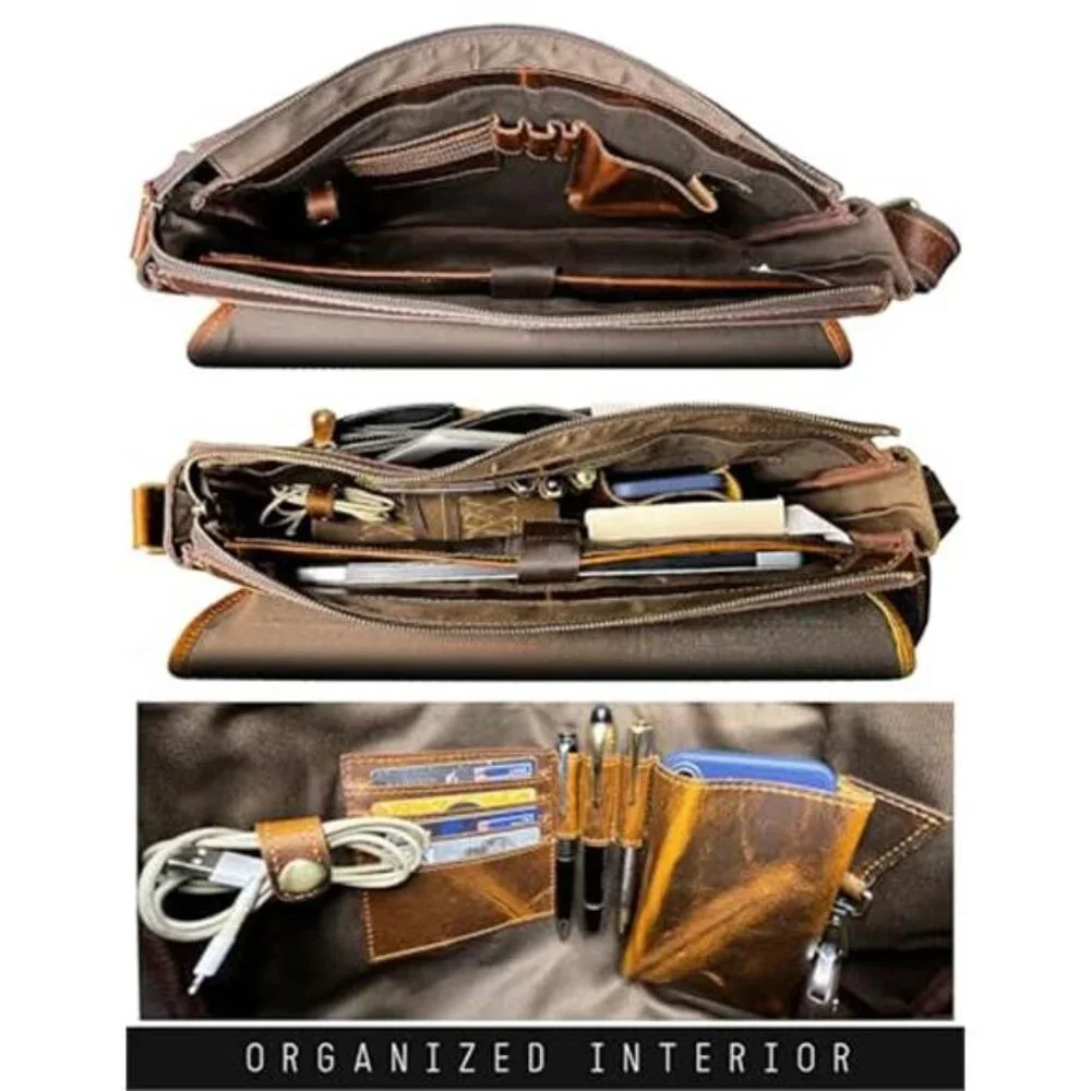Men's Vintage Leather Messenger Bag Full Grain Leather Laptop Bag, 16